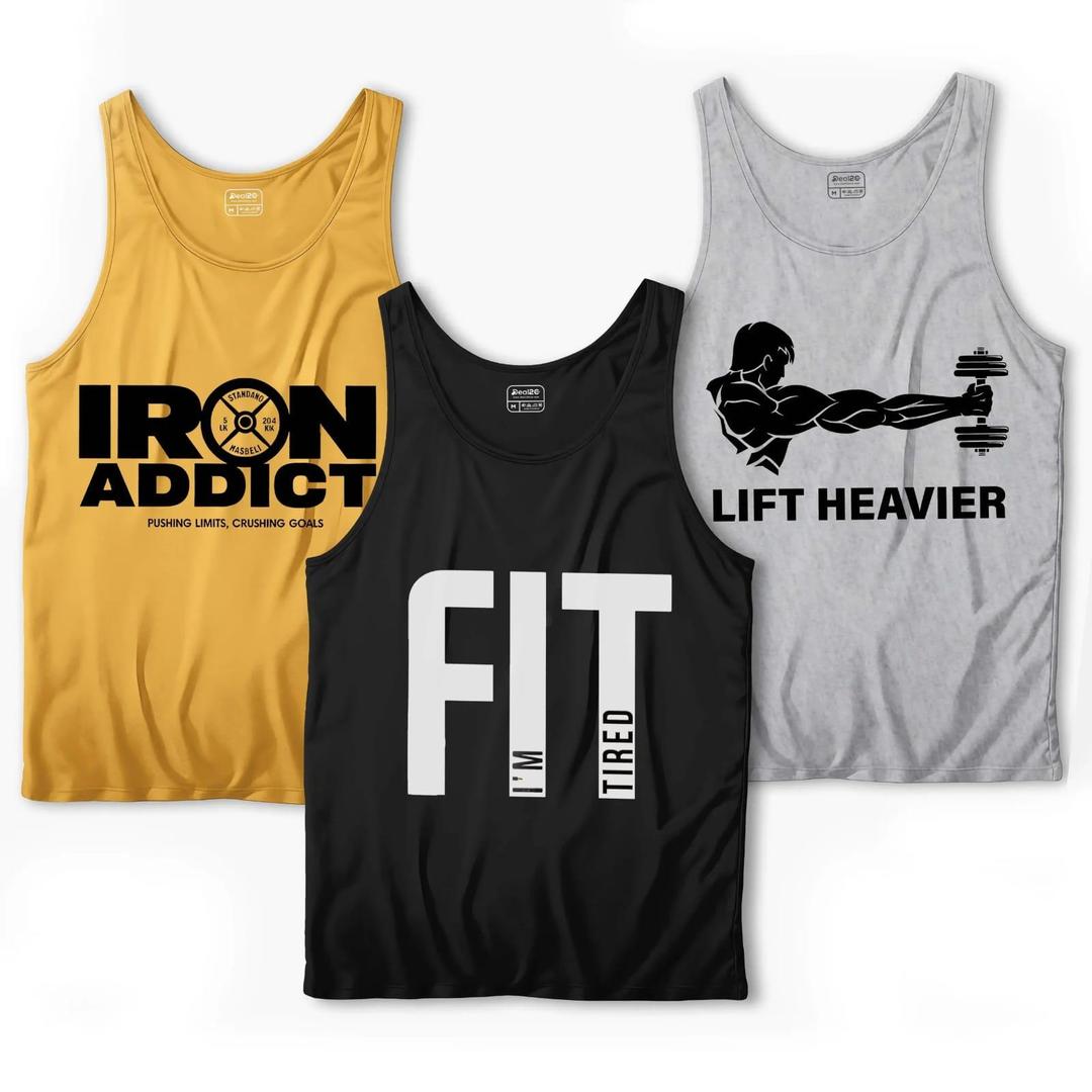 1755857779166 Men's Printed Sando Tank Tops – Pack of 3 Dri-Fit Sleeveless Shirts for Gym, Workout & Summer Casual Wear - Image 1