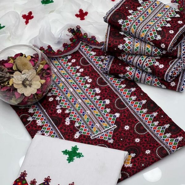Premium Unstitched Cotton Embroidered 3 Pc Suit for Women – Elegant & Breathable0