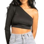 Women’s Black One-Shoulder Crop Top – Stylish Asymmetrical Long Sleeve Blouse