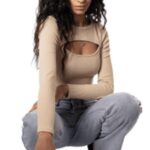 Women’s Beige Cut-Out Long Sleeve Top – Stylish Casual Wear