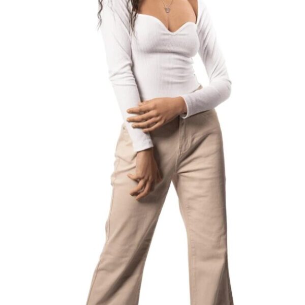 White Ribbed Sweetheart Neck Top – Long Sleeve Slim Fit Casual Blouse