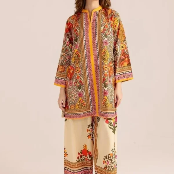 Women’s 2 Piece Unstitched Printed Lawn Suit – Ethnic Floral & Geometric Design, Casual & Semi-Formal Wear